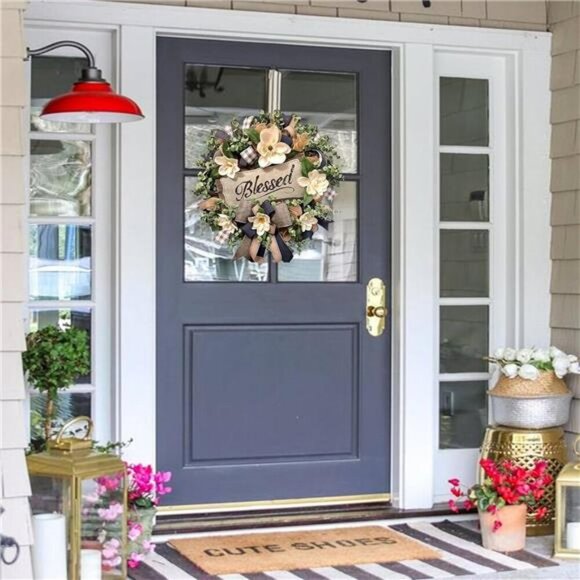 Magnolia front door wreath farmhouse decor buffalo plaid summer porch hanger - Picture 4 of 8